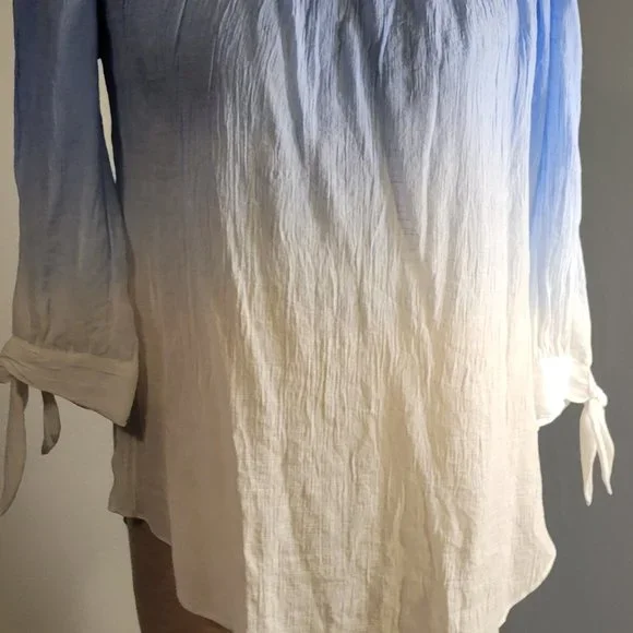 A. Byer Off Shoulder Ombré Blouse 3/4 Sleeves Lightweight Blue White Size XLarge - Picture 6 of 11